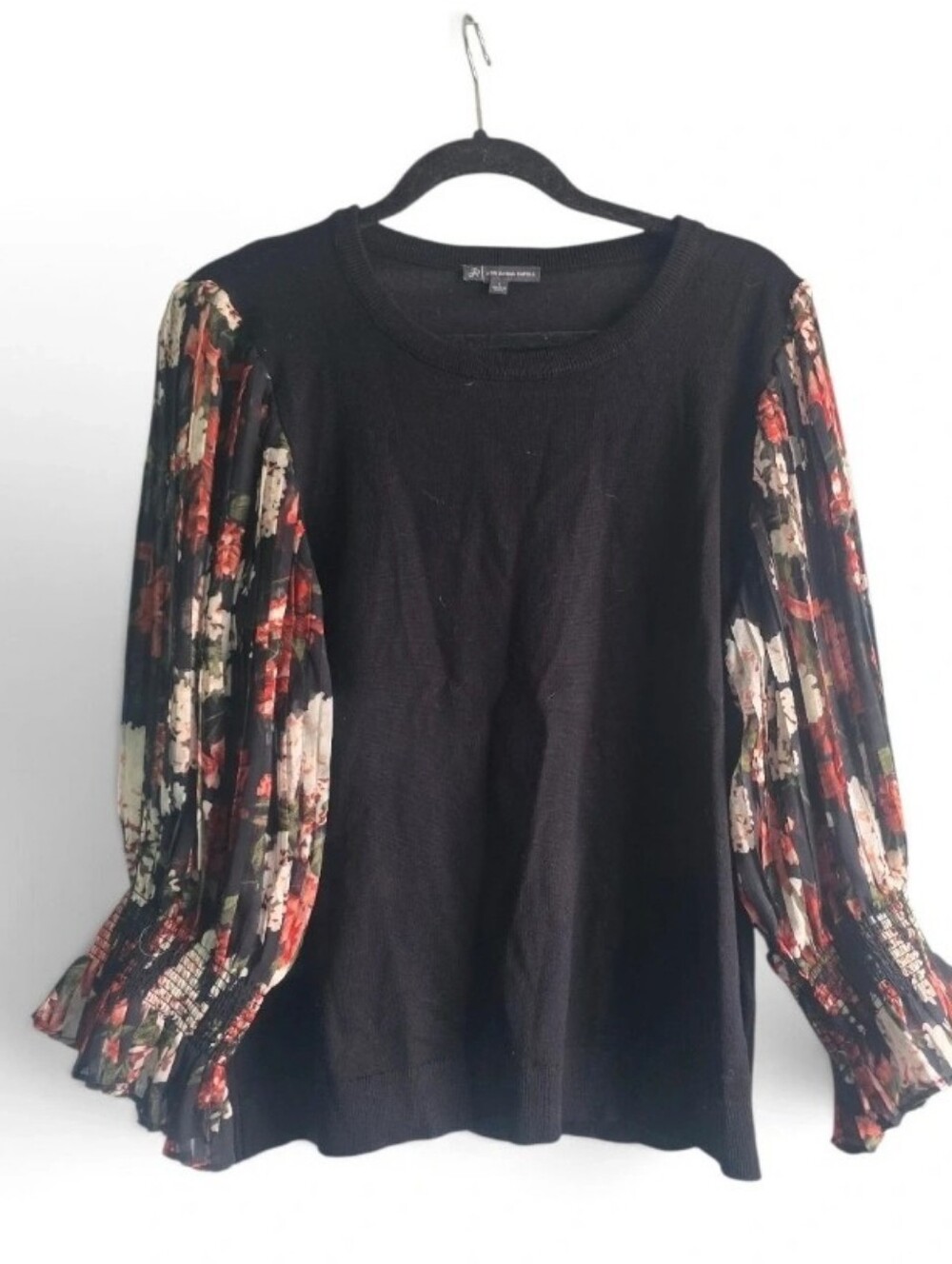 Andrianna Papell Black Sweater with Floral Pleated Balloon Sleeves
